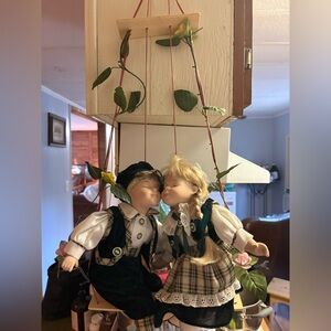 Cathy Collection Porcelain Kissing Boy & Girl Dolls in Plaid Outfits